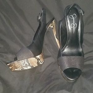 Snake print peep toe sling back